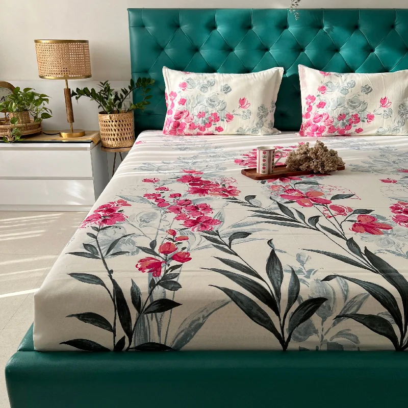 200 TC 100% Cotton Printed Bedsheet - Majestic Pink