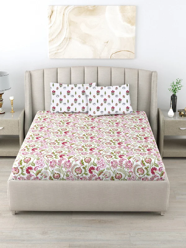 220 TC 100% Cotton Single Printed Bedsheet with Pillow Covers - Creeper Pink