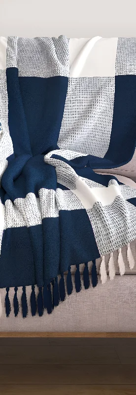 50" X 60" Blue and White Woven Cotton Checkered Throw Blanket with Fringe