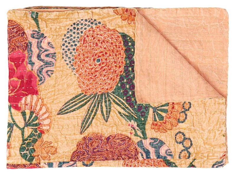 50" X 70" Orange and Red Kantha Cotton Floral Throw Blanket with Embroidery