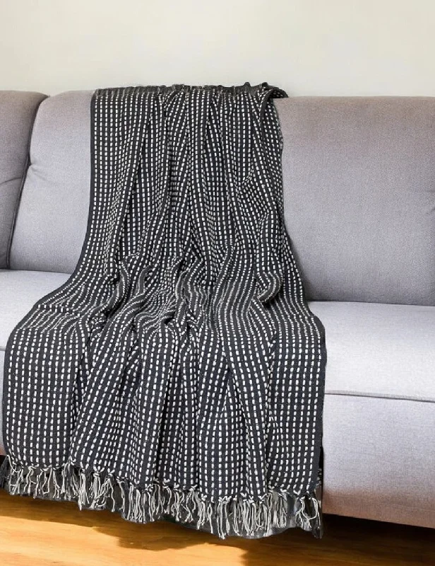 67" X 52" Black and White Woven Cotton Striped Throw Blanket with Tassels