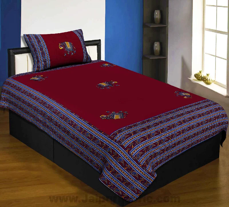 Applique Maroon Elephant Jaipuri  Hand Made Embroidery Patch Work Single Bedsheet