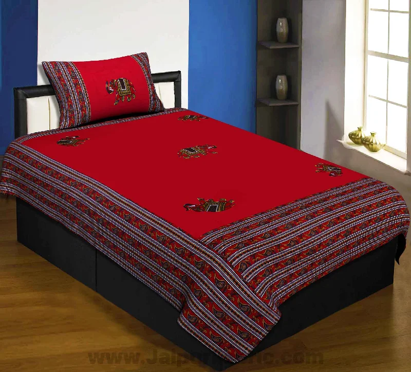 Applique Red Elephant Jaipuri  Hand Made Embroidery Patch Work Single Bedsheet