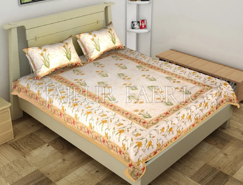 Beige Border Lotus Floral Printed Cotton Single Bed Sheet