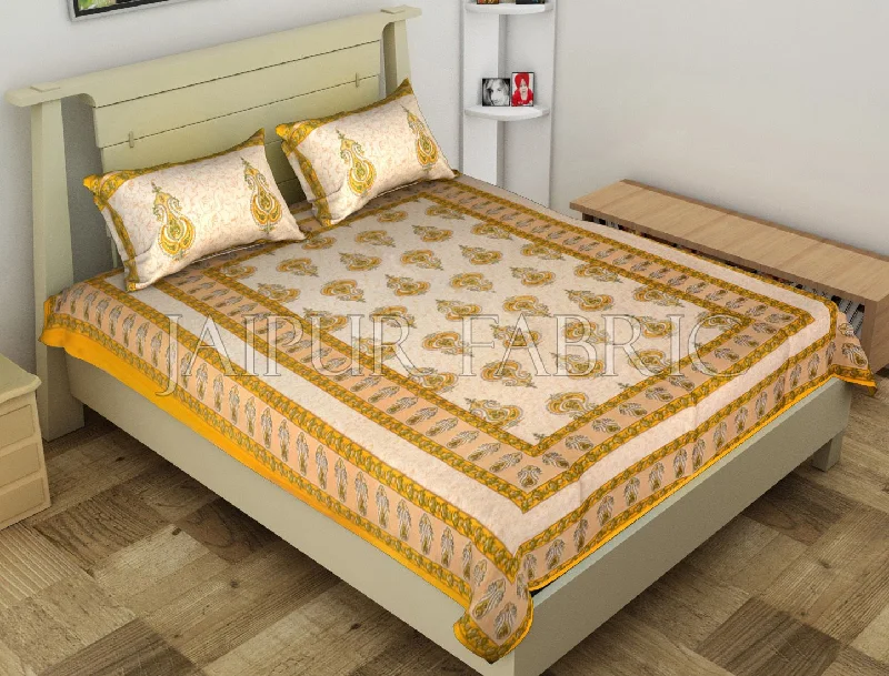 Beige Jaipuri Keri Printed Cotton Single Bed Sheet