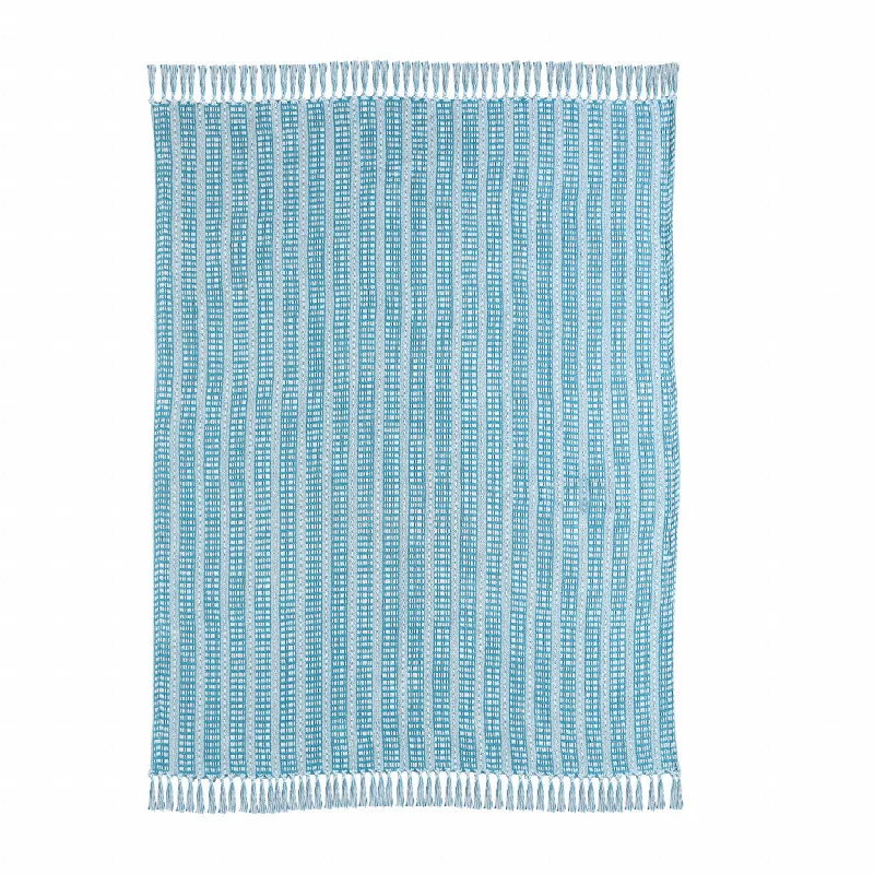 Blue and White Woven Cotton Striped Throw Blanket