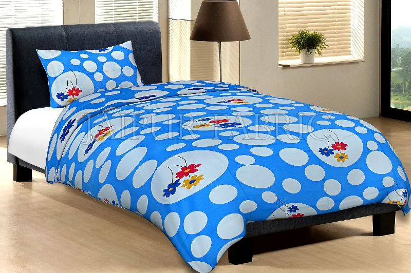 Blue Base With Large Amd Small Polka Dot And Flower Print Cotton Single Bed Sheet with 1 pillow  cover