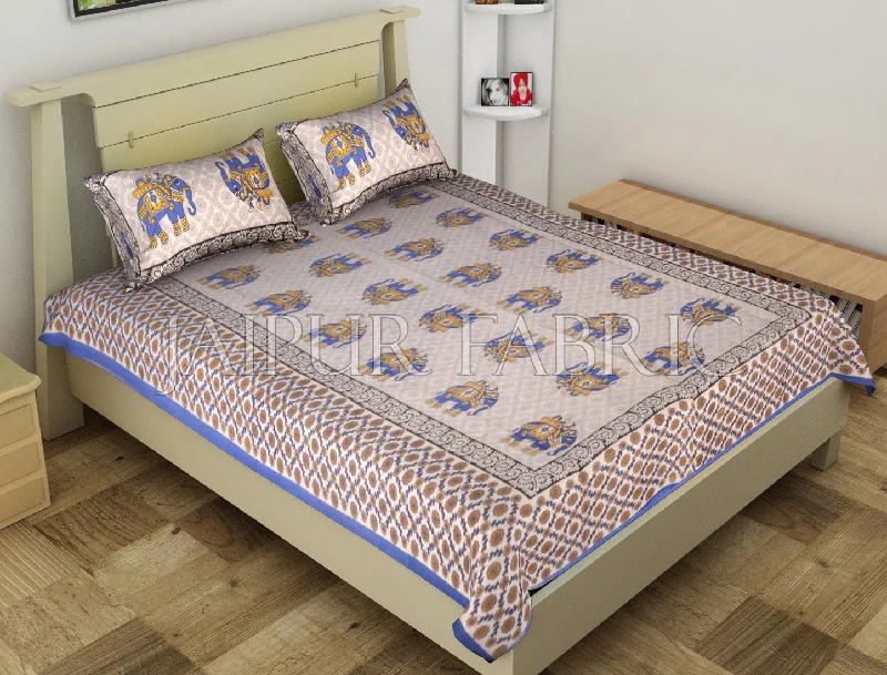 Blue Big Size Elephant Printed Cotton Single Bed Sheet