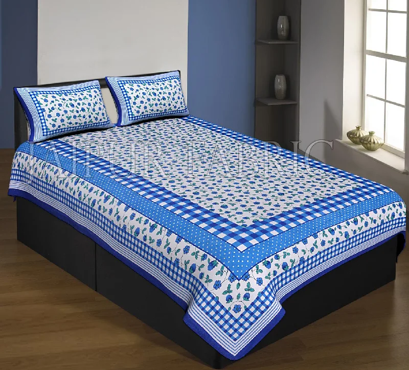 Blue Boarder With Check Print And Dot Flower Pattern Single Bed Sheet With 2 Pillow Cover