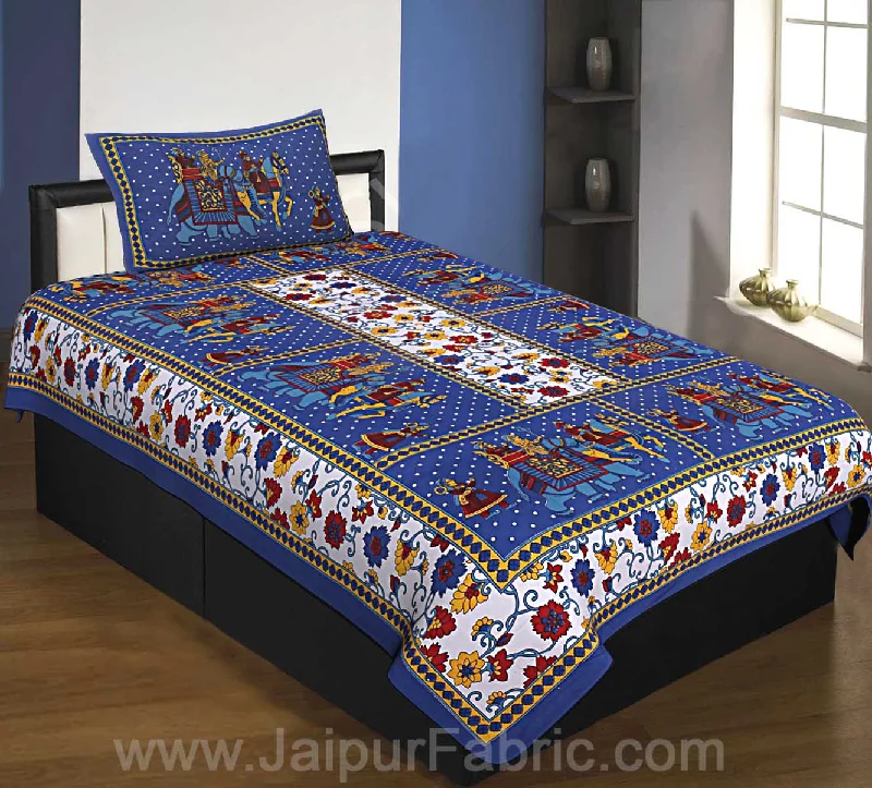 Blue  Border Big Elephant Printed Cotton Single Bed Sheet