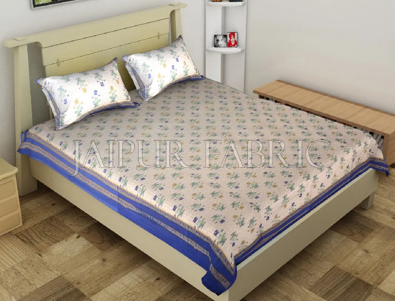 Blue Border Trellis Base Floral Printed Cotton Single Bed Sheet