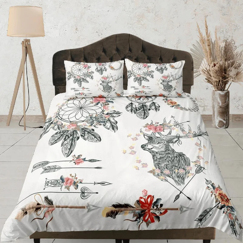 Bohemian Duvet Cover Set Boho Bedding, Reindeer Floral Dorm Bedding & Pillowcase, King Duvet Cover Full, Queen Comforter Bedding