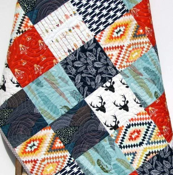 Buck Boy Quilt, Navy Red Nursery Toddler Bedding, Woodland Boy Quilt