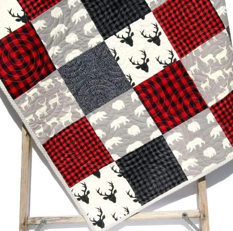 Buffalo Plaid Quilt, Woodland Boy Lumberjack Plaid Check Nursery, Deer Buck Boy Baby Bedding