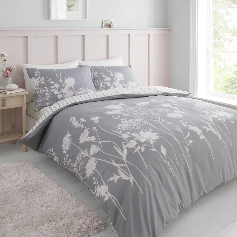 Meadowsweet Floral Duvet Cover Set Grey & Pink