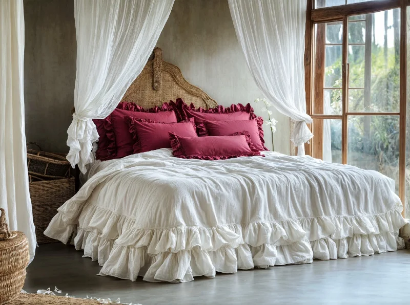 White linen triple ruffled duvet cover