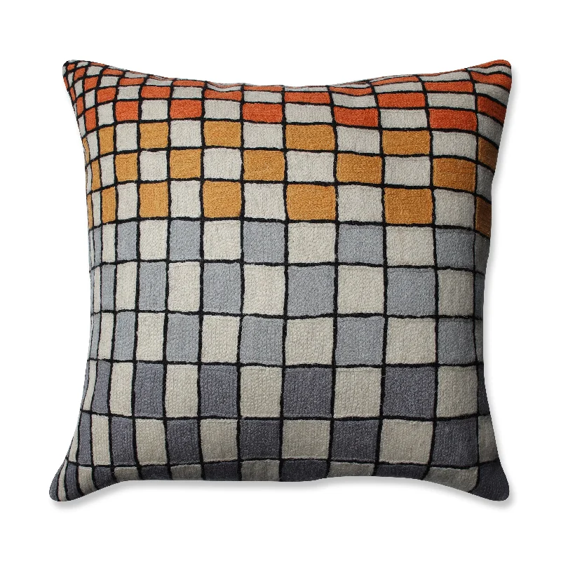 Checker Board Grey-Orange-Cream 16.5-Inch Throw Pillow