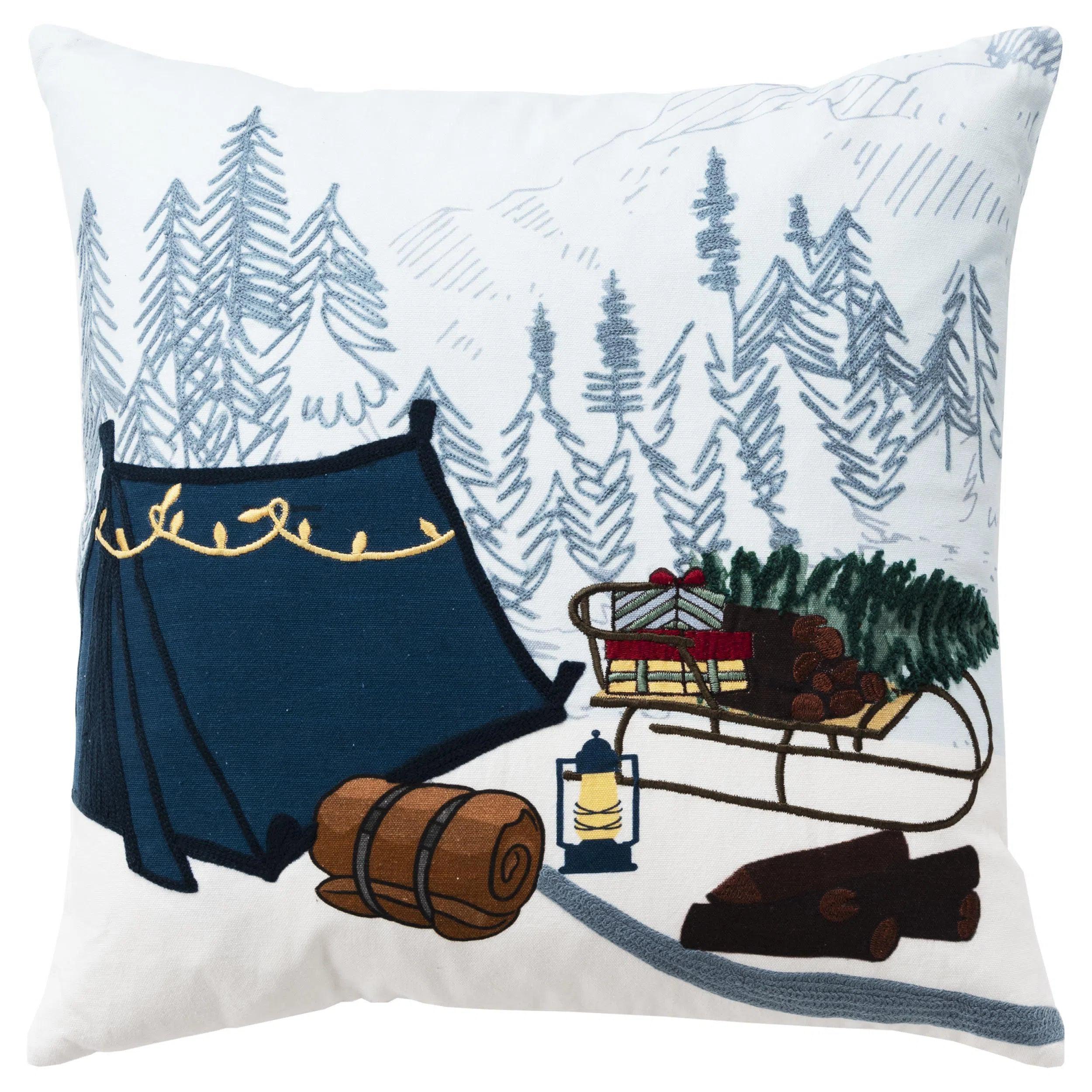 White Christmas Throw Pillow Campsite White & Blue Zuri