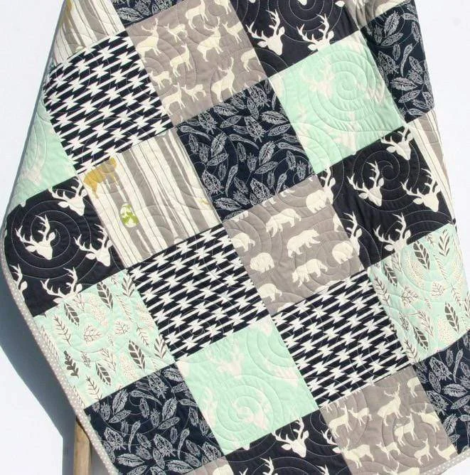 Quilt, Woodland Mint Green Navy Blue, Baby Boy Toddler, Nursery Bedding, Deer Buck