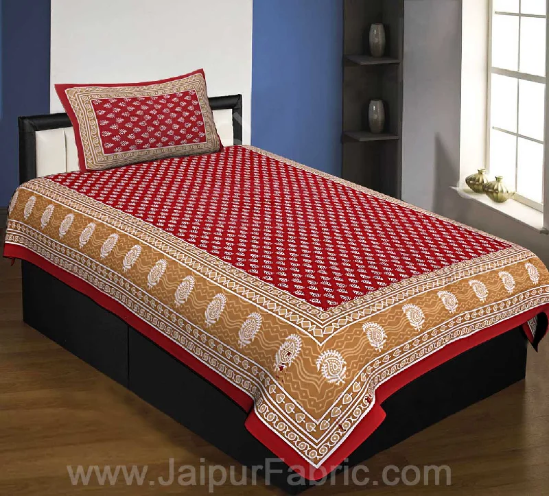 Crimson Border Floral Pattern Screen Print Cotton Single Bedsheet