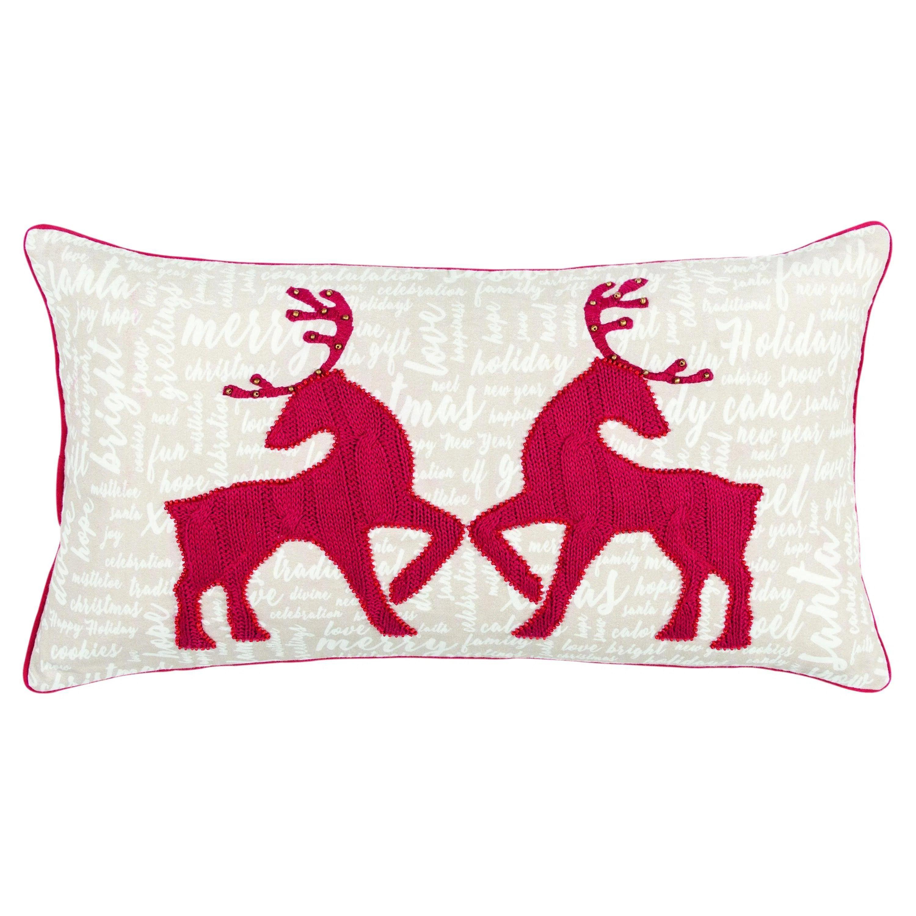 White Christmas Deer Red Lumbar Pillow With Insert