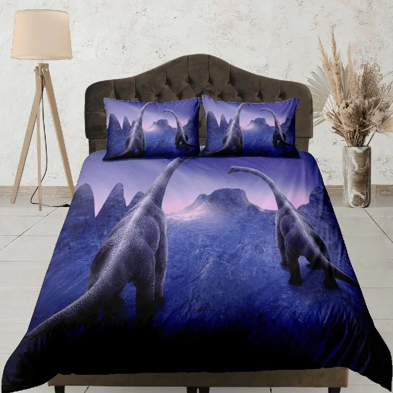 Dinosaur Purple Duvet Cover Set Sci-Fi Bedspread, Dorm Bedding with Pillowcase