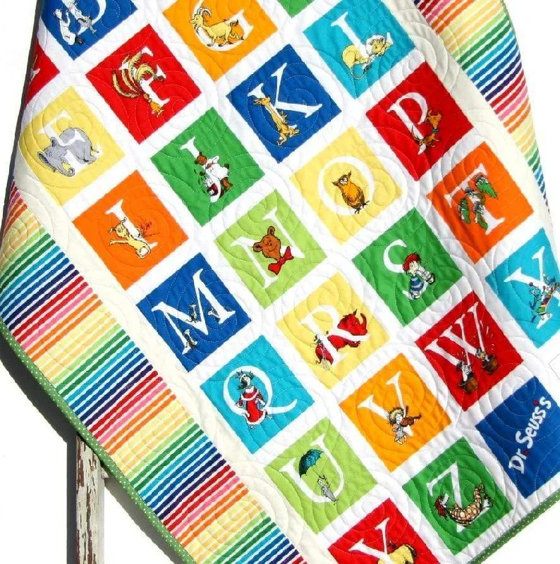 Dr Seuss ABCs Baby Quilt, Letters Alphabet Nursery Bedding, Bright Colorful Baby Blanket