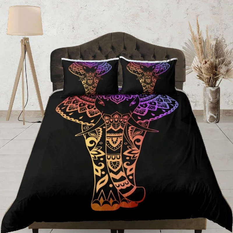 Elephant Black Duvet Cover Set Boho Bedspread, Bohemian Dorm Bedding & Pillowcase