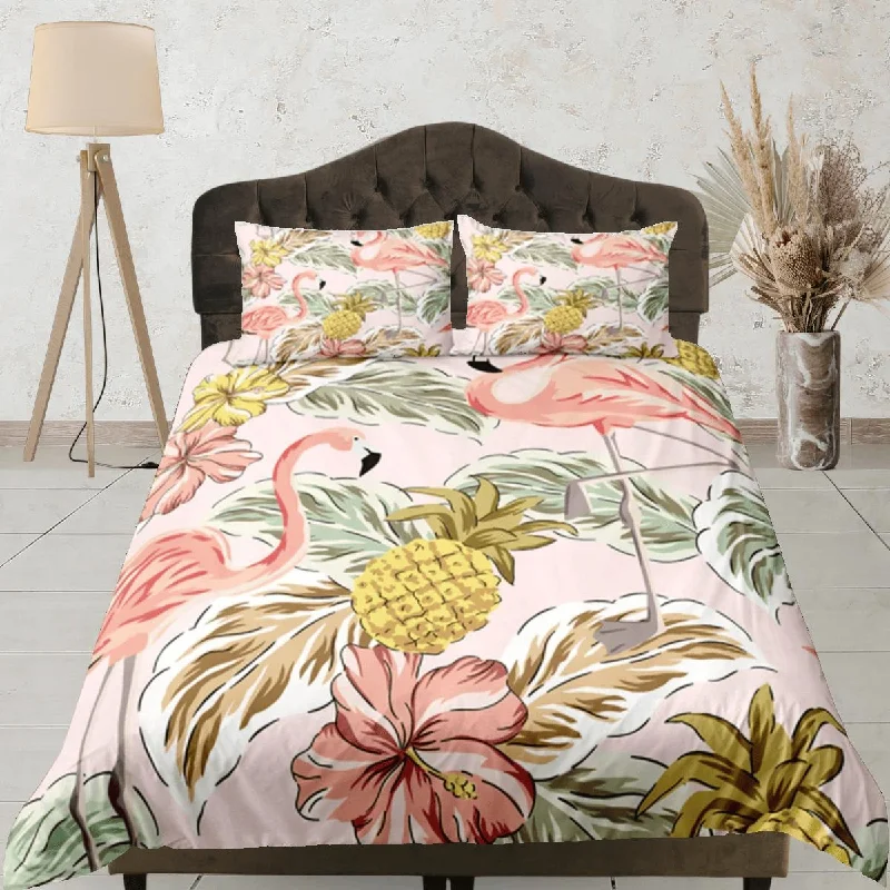 Flamingo Duvet Cover Set Cute Bedspread, Tropical Theme Dorm Bedding & Pillowcase