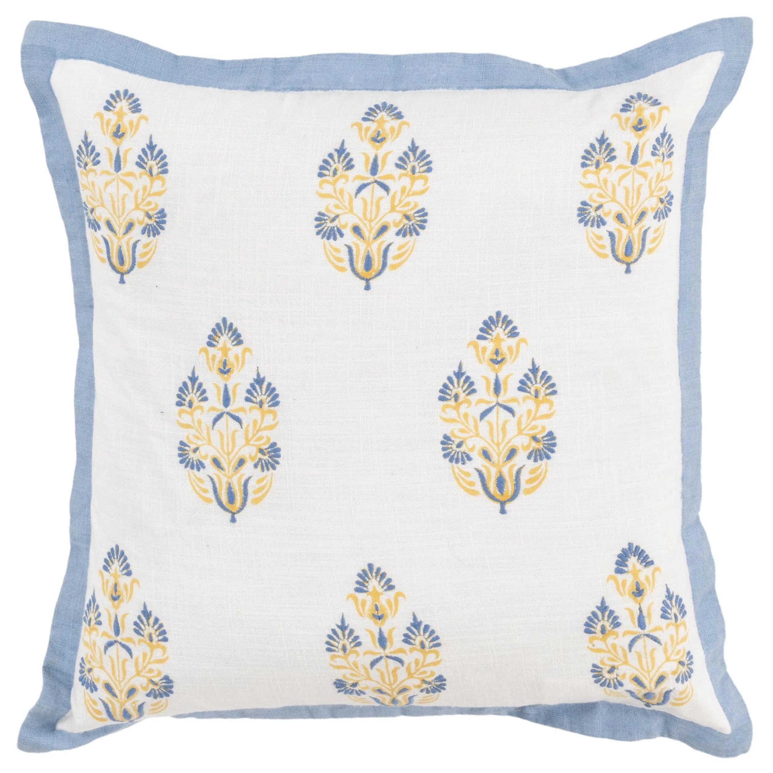 Flanged Floral Blue Throw Pillow With Down Insert