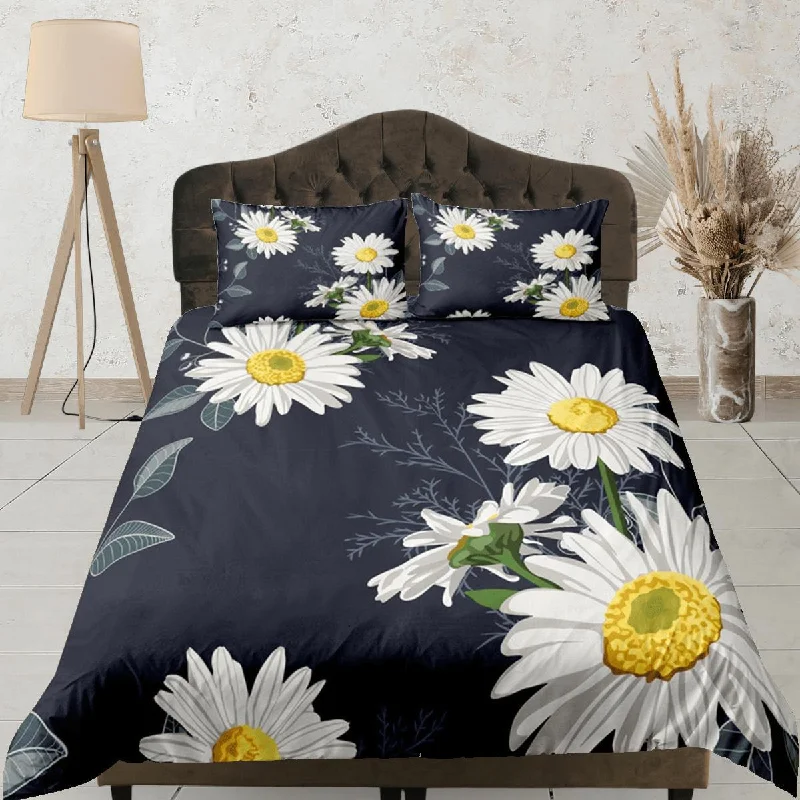 Floral Black Duvet Cover Set, White Daisy Bedspread Dorm Bedding Set Bedding Single