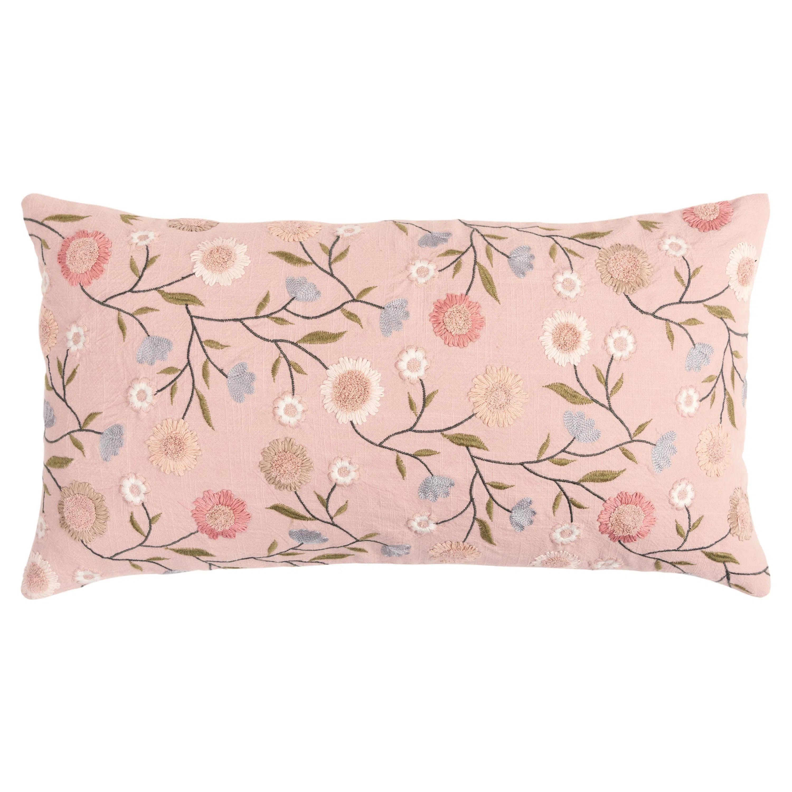 Embroidered Floral Pink Lumbar Pillow With Insert