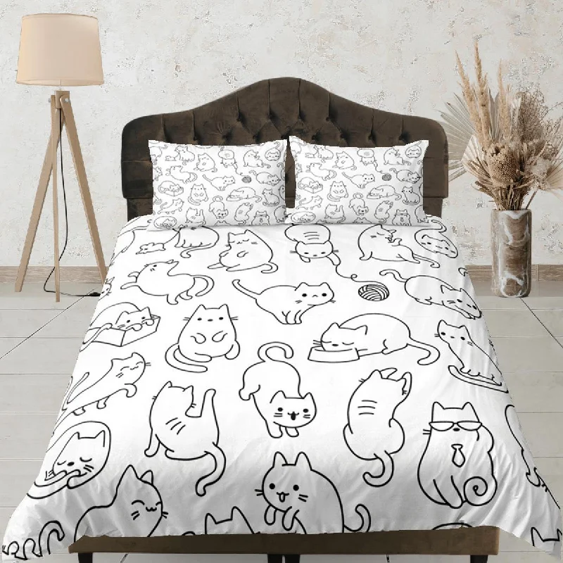 Funny Cats Duvet Cover Set Cute Bedspread, Animal Doodle Dorm Bedding & Pillowcase