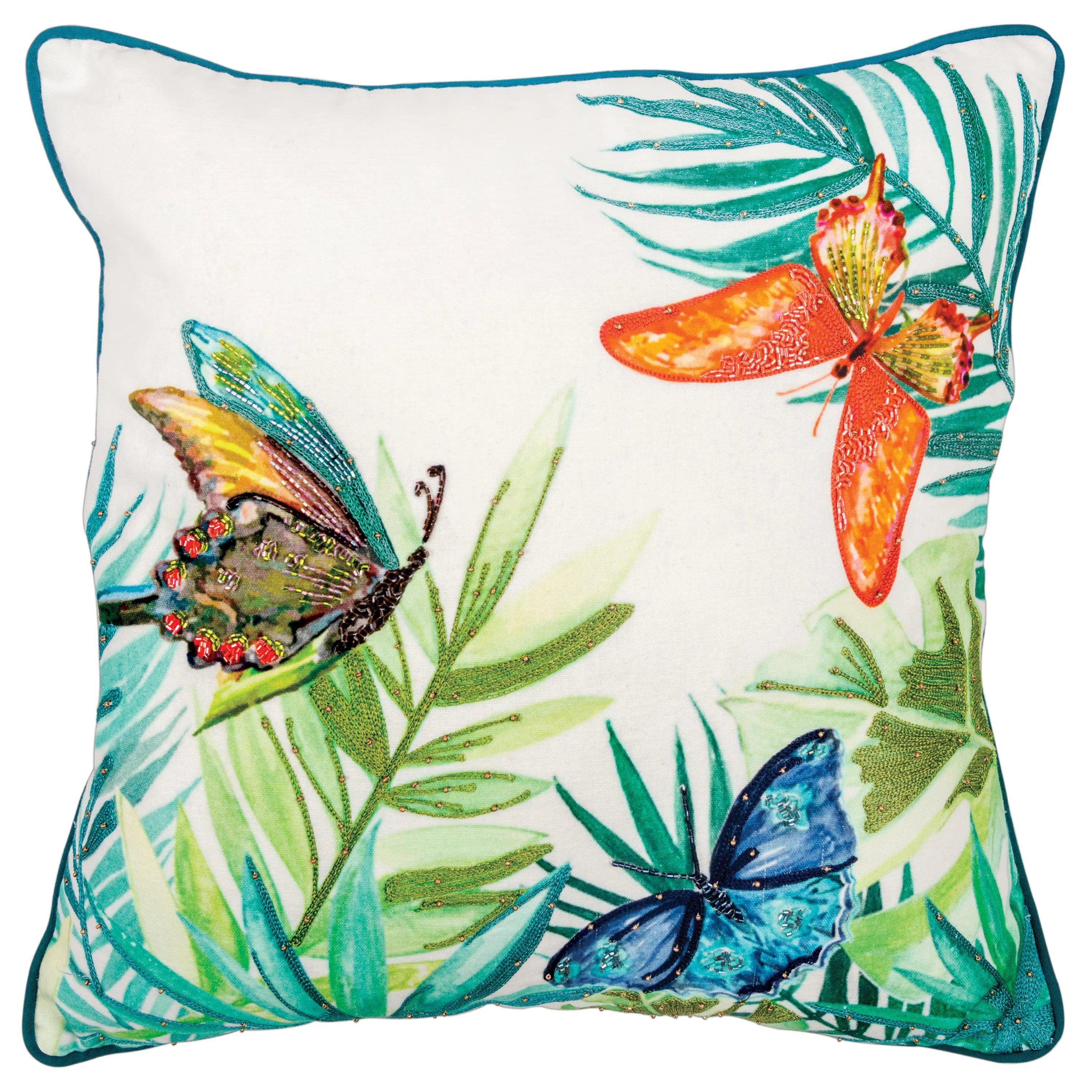 Gina Beaded Butterflies Coastal Throw Pillow With Down Insert