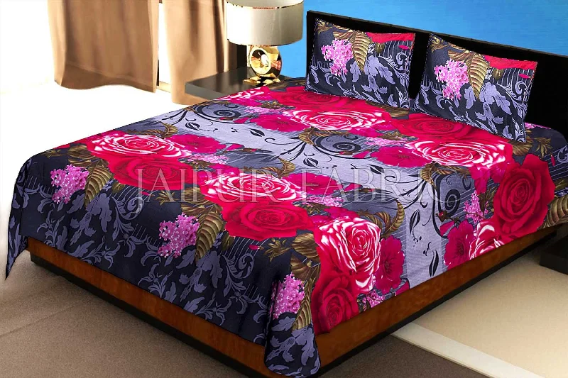 Gray Base Red Floral Print Single Bed Sheet