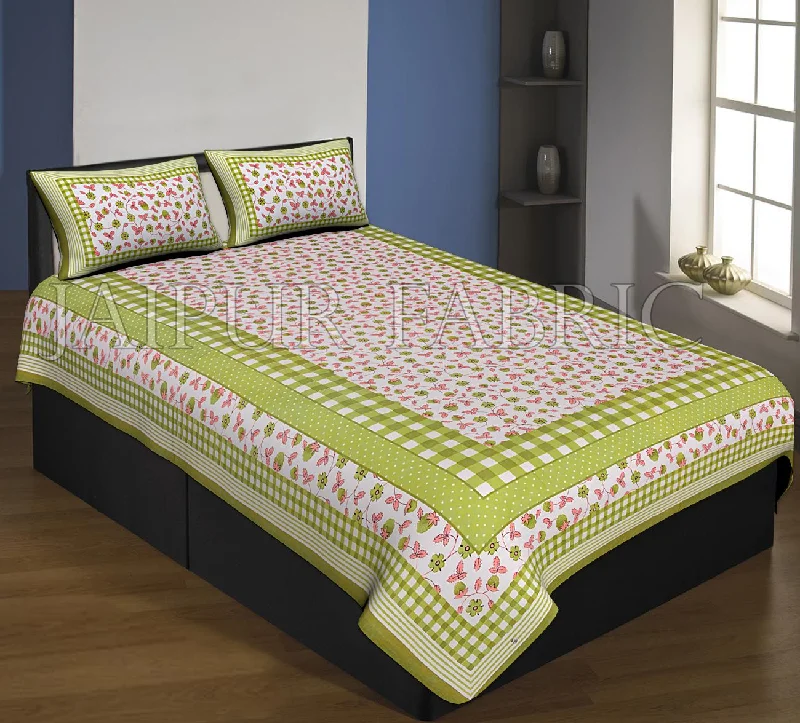 Green Boarder With Check Print And Dot Flower Pattern Single Bed Sheet With 2 Pillow Cover