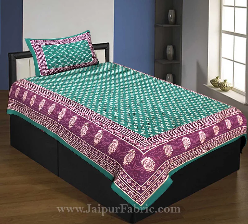 Green Border Leaf Pattern Screen Print Cotton Single Bed Sheet