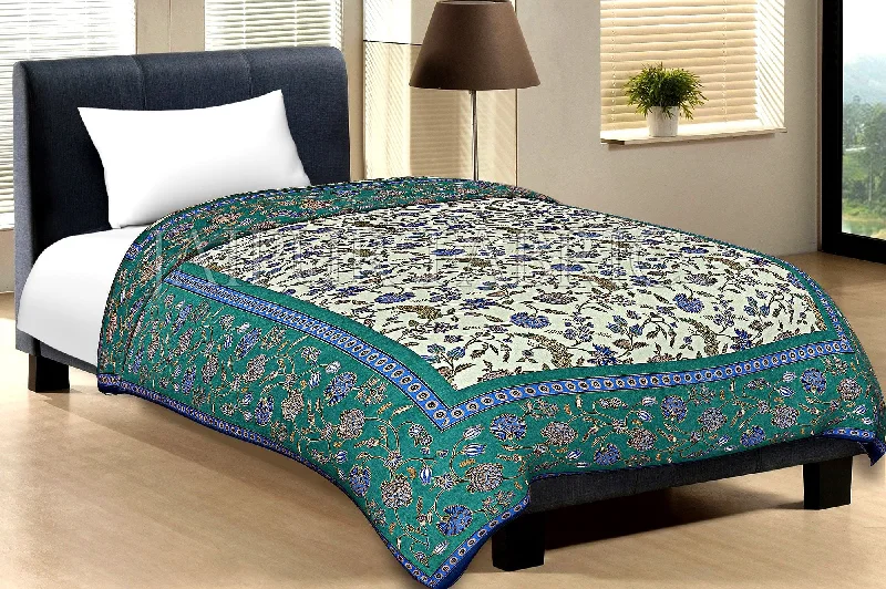 Green Border With Navy Blue Edge Cream Base Leaf And Flower Golden Print Cotton Single Bed Sheet With Out Pillow Cover