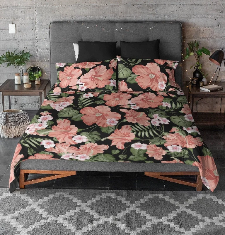 Hibiscus Duvet Cover Set with Cherry Blossoms Flowers | Floral Bedding Set