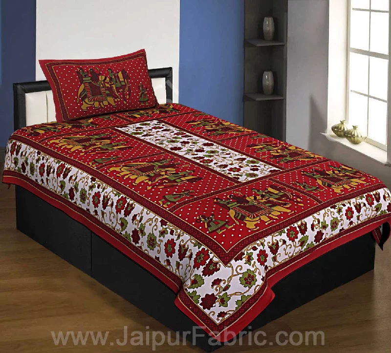 Maroon Border White Base Barat Pattern Screen Print Cotton Single Bed Sheet