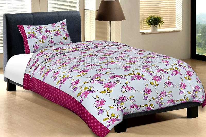 Maroon Border With Pink Polka Dot And White Base With Pink Flower Cotton Single Bed Sheet with