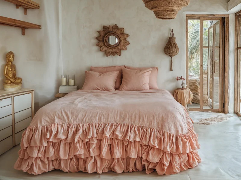 Peach linen triple ruffled duvet cover