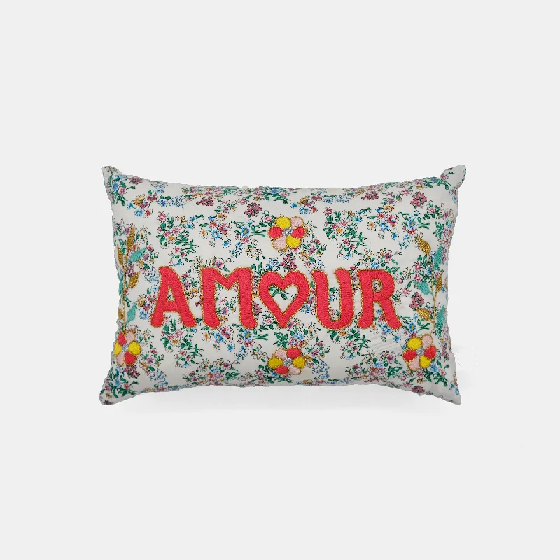 Mini Amour White French Embroidered Lumbar Pillow