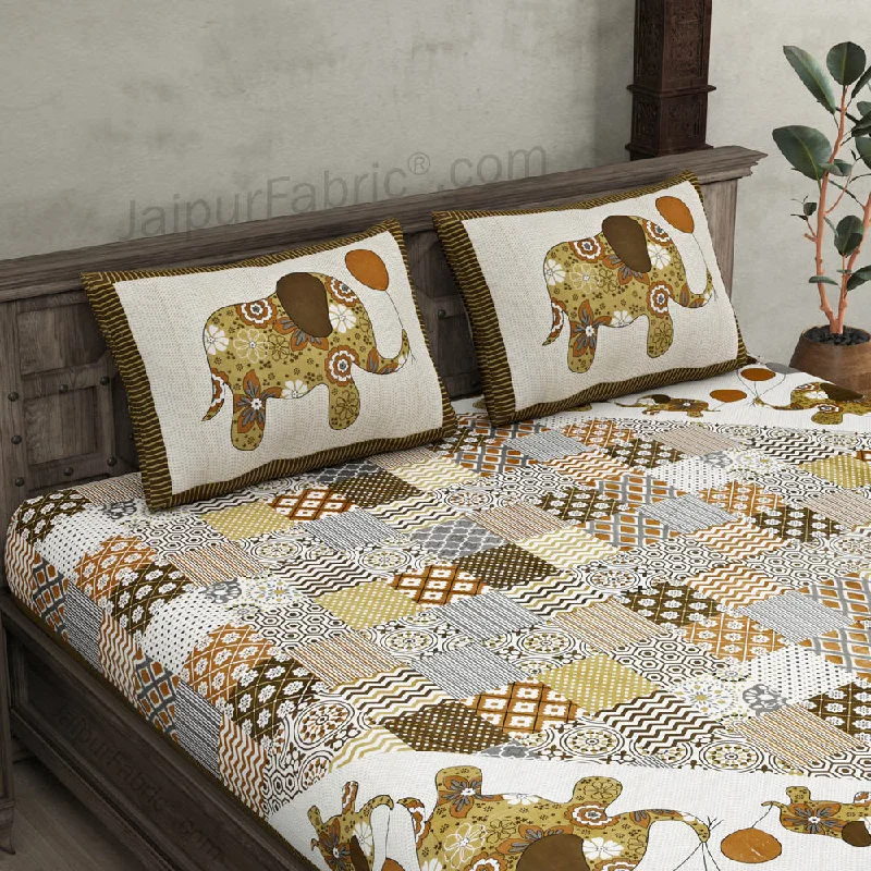 Modern Art Olive Brown Pure Cotton Patchwork Print King Size Bed Sheet