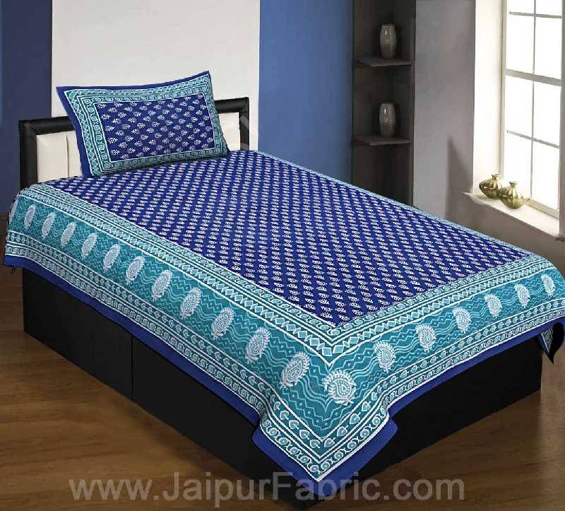 Navy Blue Color Floral Pattern Screen Print Cotton Single Bed Sheet