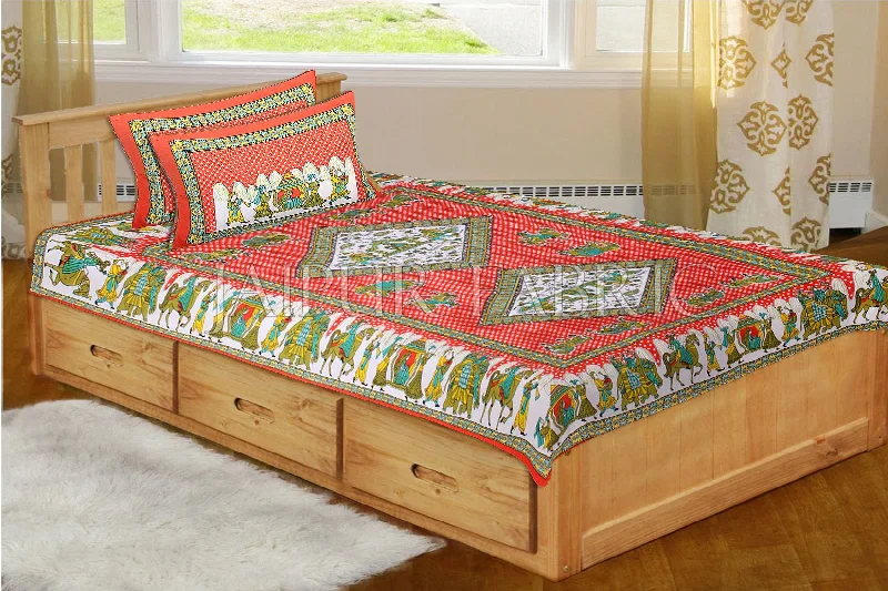 Orange Base Jaipur Doli Design with Elephant Print Single Bed Sheet