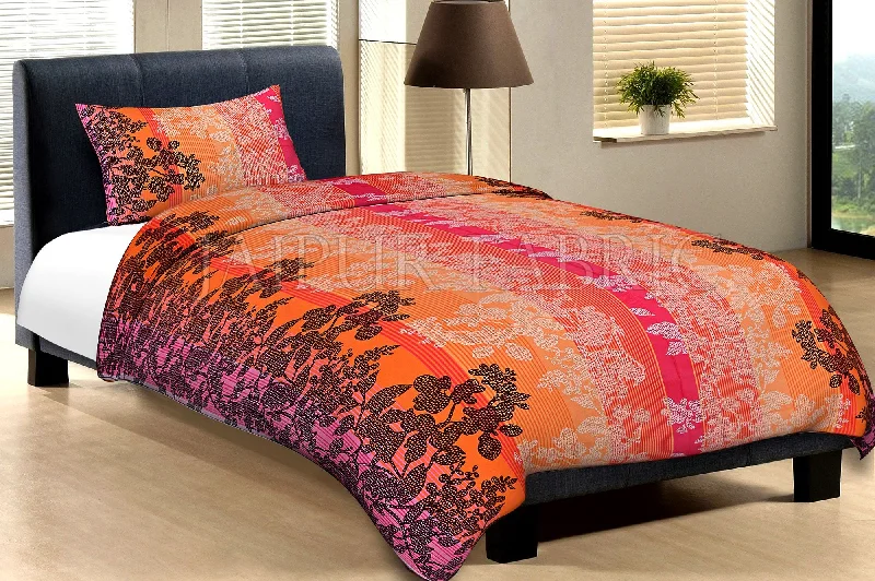 Orange Base With White And Black Flower And Lineing Print Cotton Single Bed Sheet with 1 pillow Cover