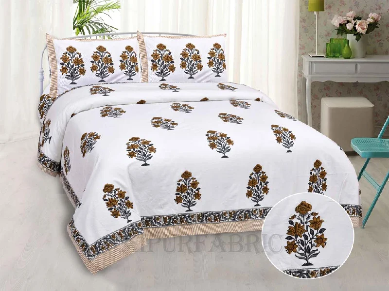 organic brown floral fine cotton hand block king size bedsheet set