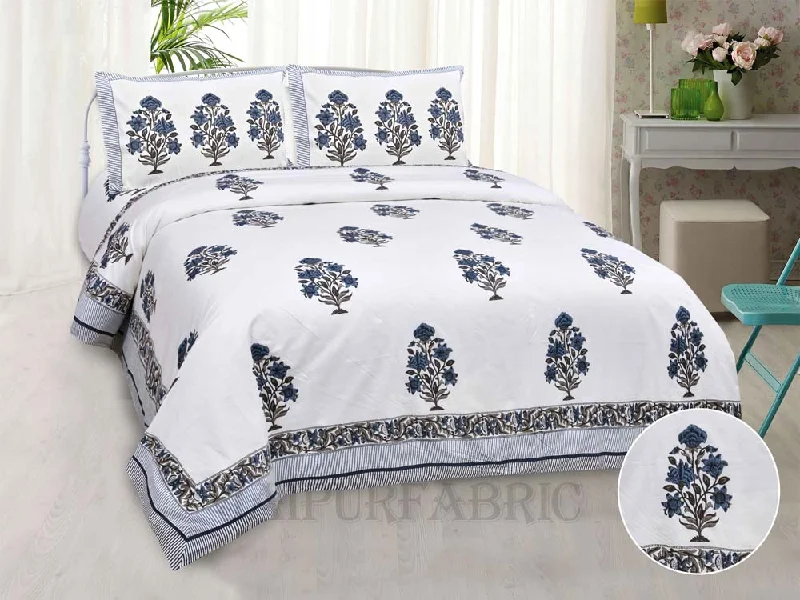 organic grey floral bunch fine cotton hand block king size bedsheet set