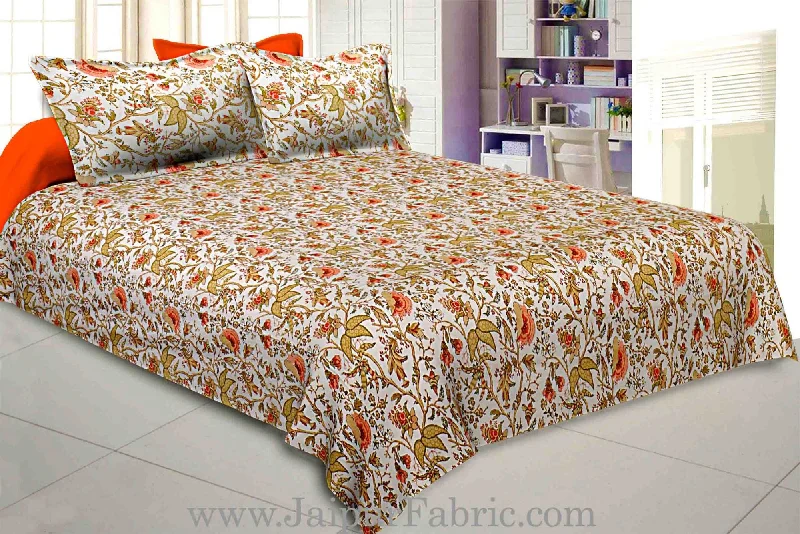 peach green floral hand block print off white base pure cotton bedsheet with 2 pillow covers